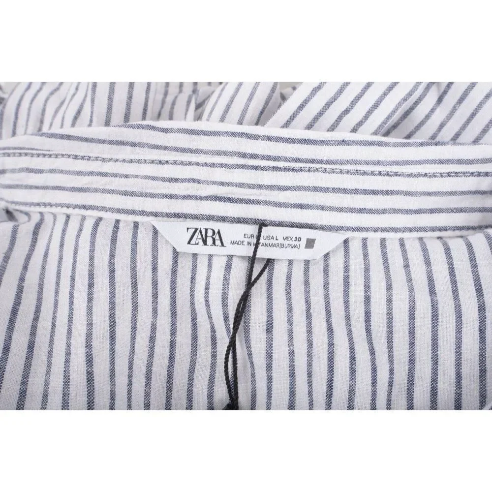 Zara Womens Knotted Blouse Top L White Gray Striped Button Front 2949/027 NWT - Picture 6 of 6